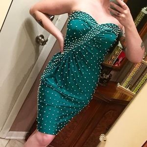 Vintage Robert-David Morton Green Strapless Mini Dress with Pearls & Rhinestones
